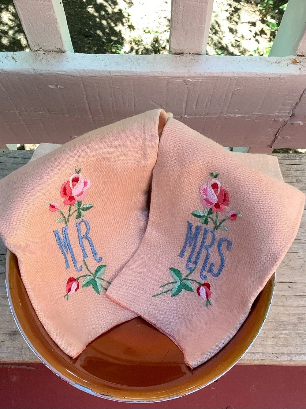 Vintage Pair of Mr & Mrs Linen Embroidered Hand Towels